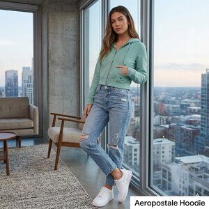 Aeropostale Athletics Girl L Hoodie Crop Sweatshirt L/S 2-Pocket Full Zip Cotton